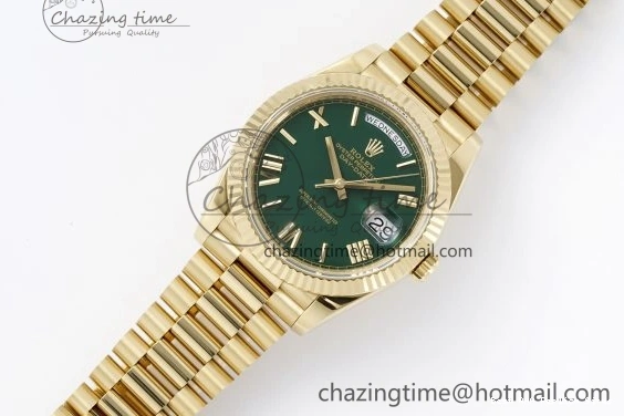 AAA Replica Watches 904L A2836 Green Gain Bracelet EasyMatch YG on V Roman 40 JDF DayDate Dial Markers Weight Steel 1822 President 0109